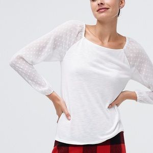 Ivory Square-neck top w/sheer clip dot sleeves (L)